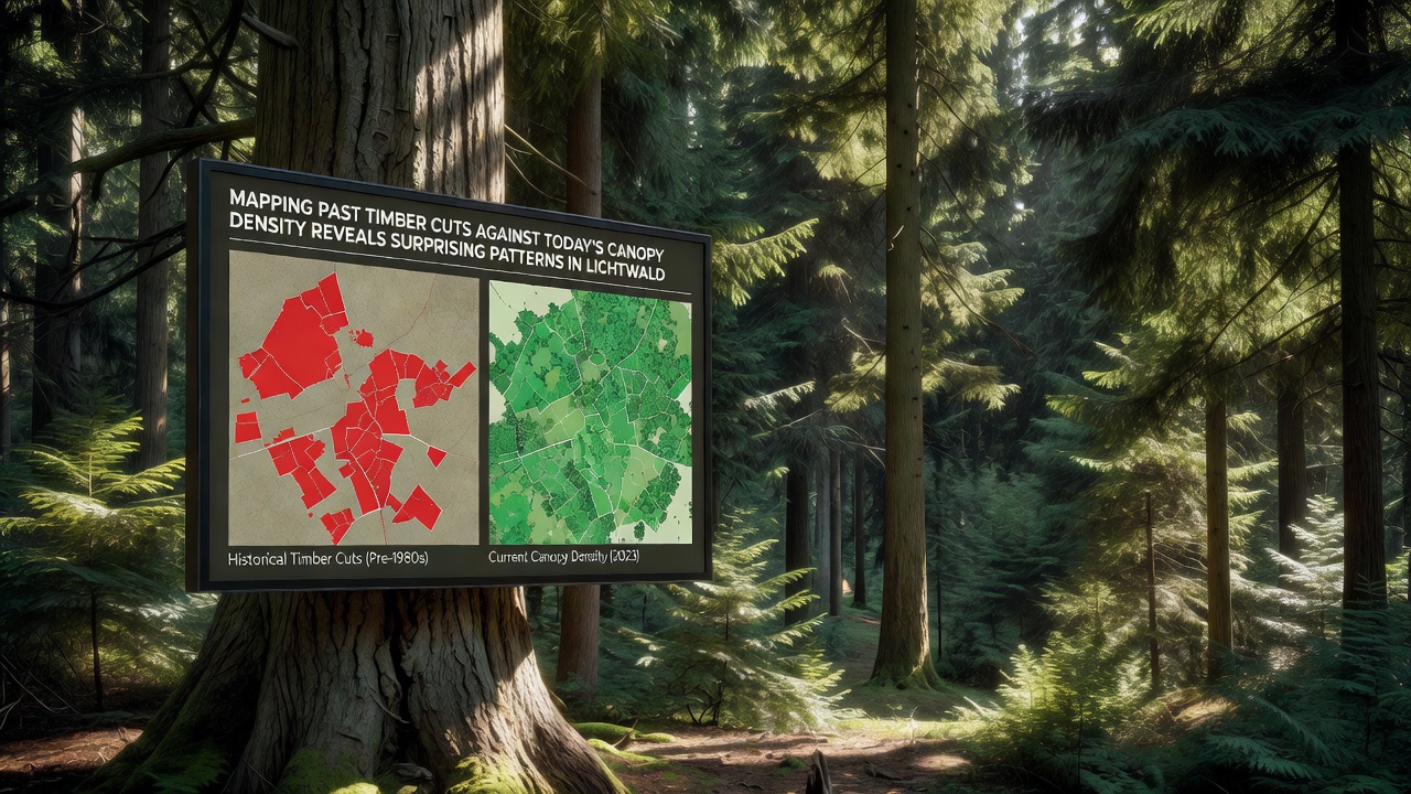 GIS overlay map illustrating historical timber cut boundaries against present-day canopy density measurements in Lichtwald