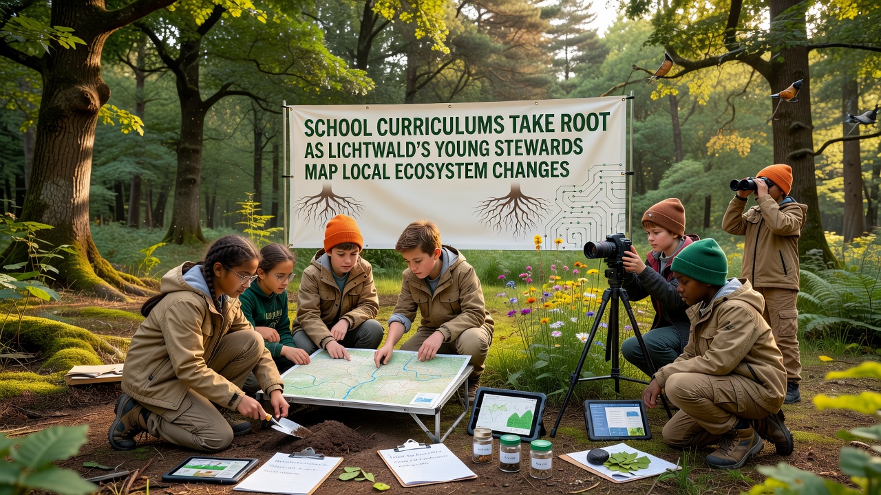 Young students using tablets and measuring tools to record forest data during a Lichtwald school mapping exercise